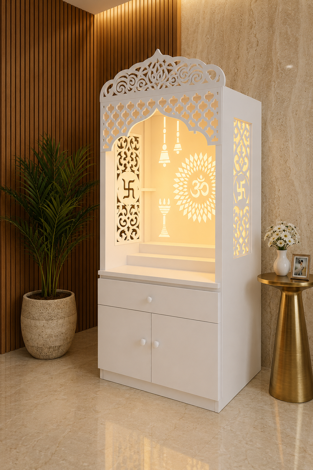 Glacier White Corian temple with carved floral crest, Om sunburst and round Corian knobs