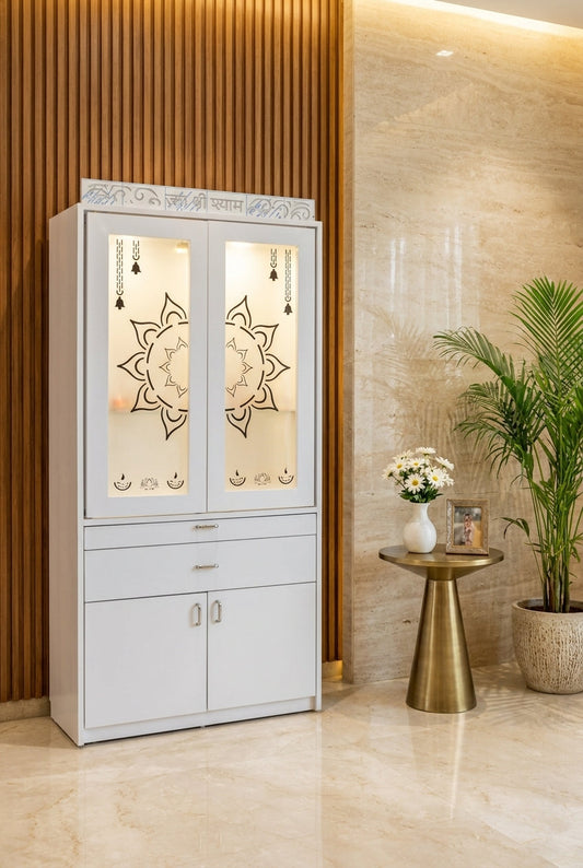 Glacier White custom Corian mandir with closed lotus pocket doors, drawers and cabinet storage