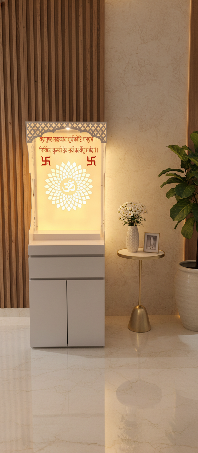 Glacier White designer Corian home temple with backlit Om panel and closed storage cabinet