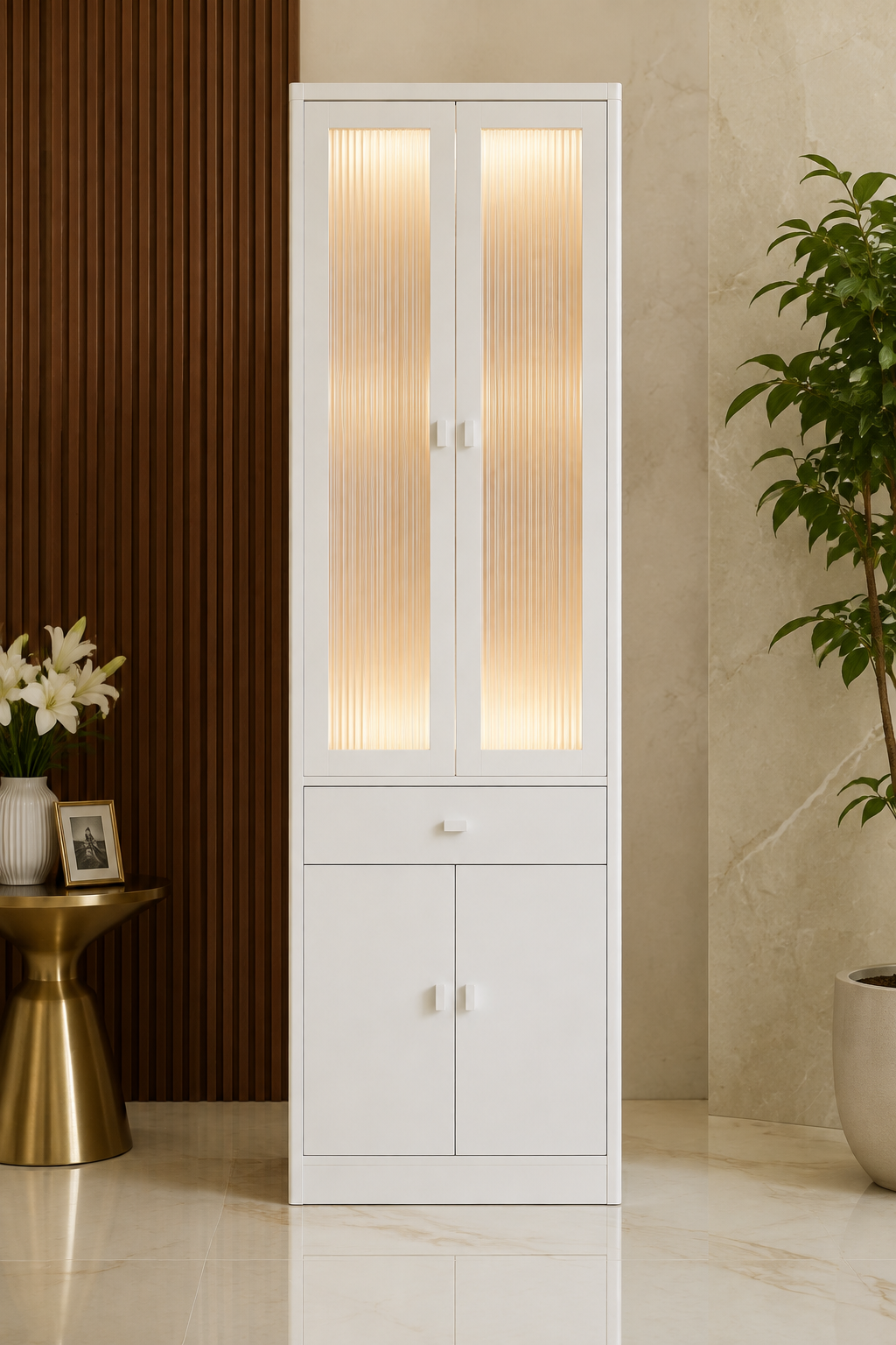 Glacier White Corian home mandir with illuminated fluted panels, drawer and lower storage