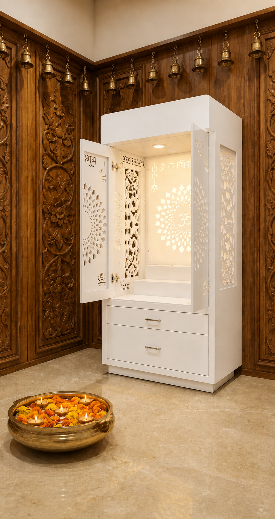 Glacier White full sliding-door Corian mandir with illuminated Om panel, carved jali doors and two storage drawers