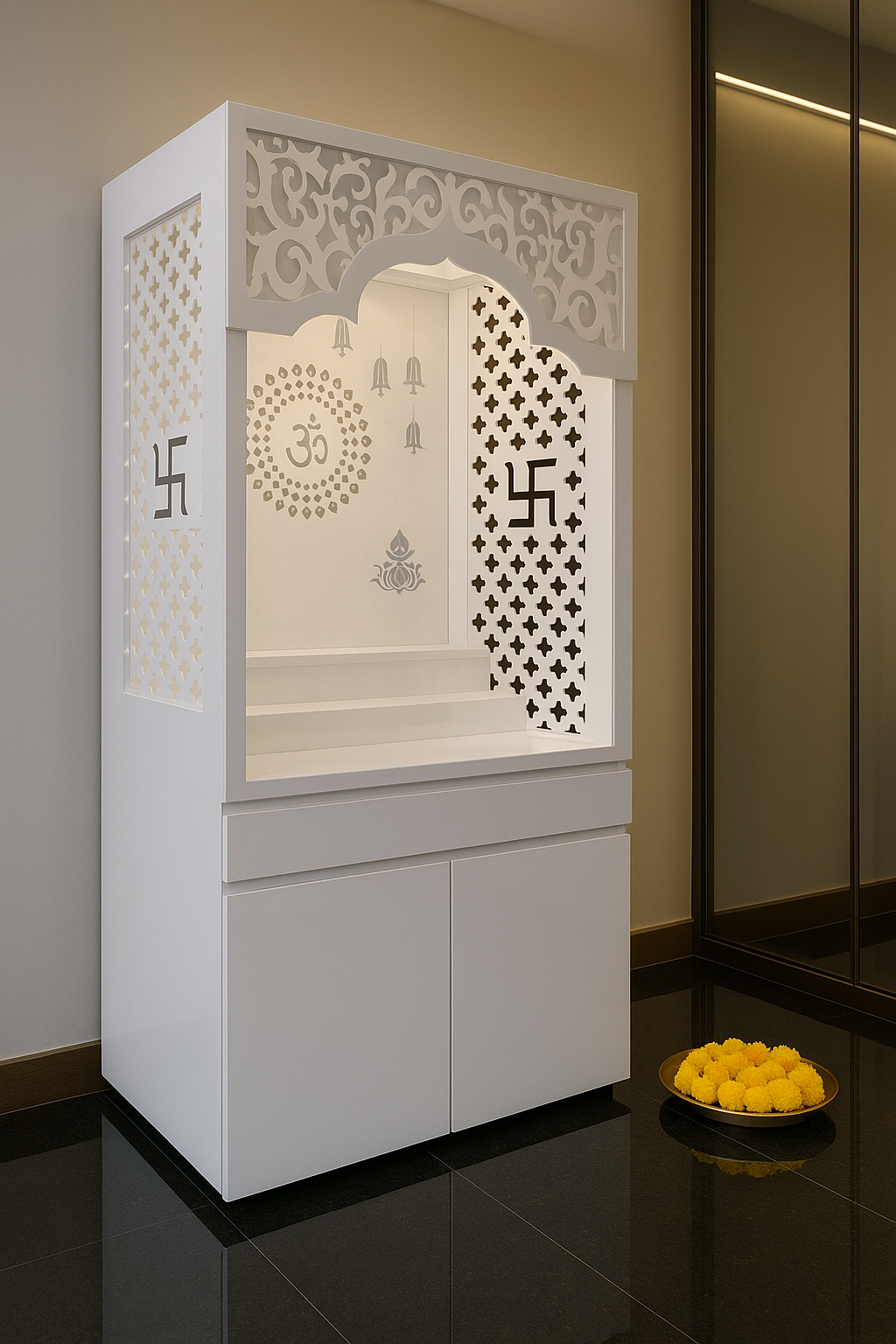 Glacier White handleless Corian mandir with enclosed prayer niche, Om and Swastik motifs, concealed storage and warm backlighting