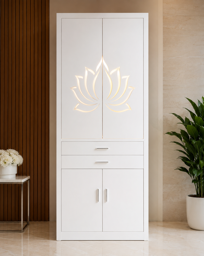 Glacier White Corian floor-standing mandir with illuminated lotus pocket doors, two drawers and lower cabinet