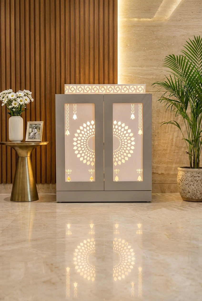 Glacier White modern Corian mandir for home with illuminated lotus doors and compact storage