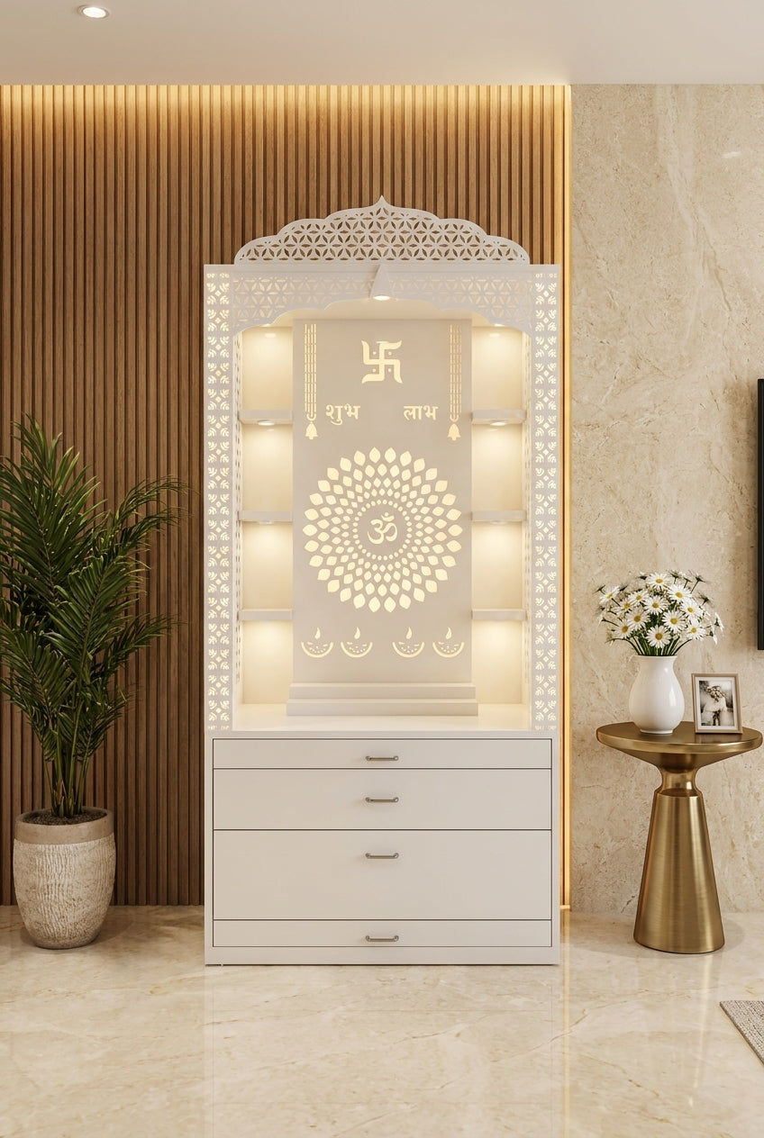 Glacier White Corian home mandir with warm backlit Om panel, side shelves and lower storage drawers
