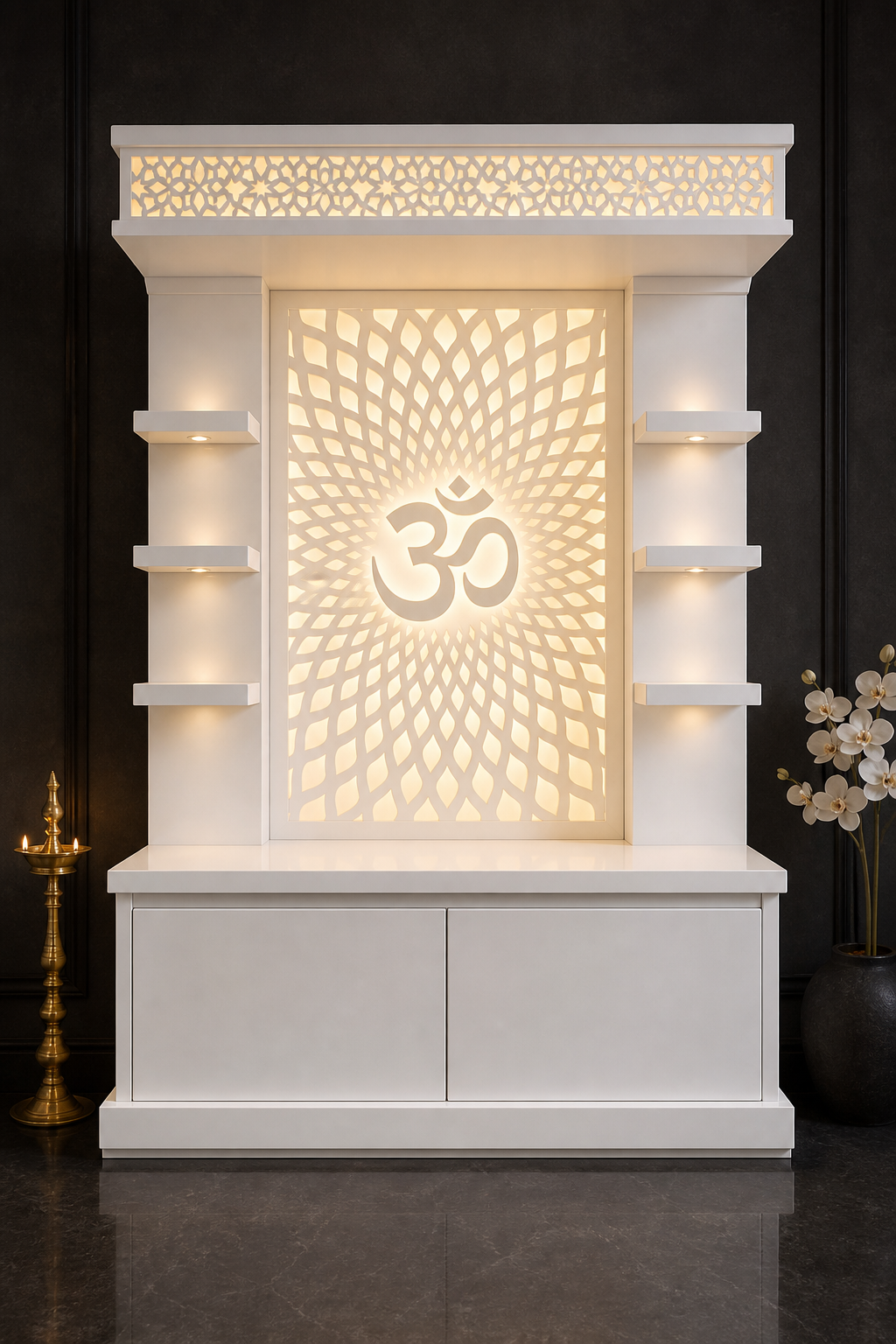 Glacier White Corian open altar with backlit Om centre panel, floating shelves and lower storage