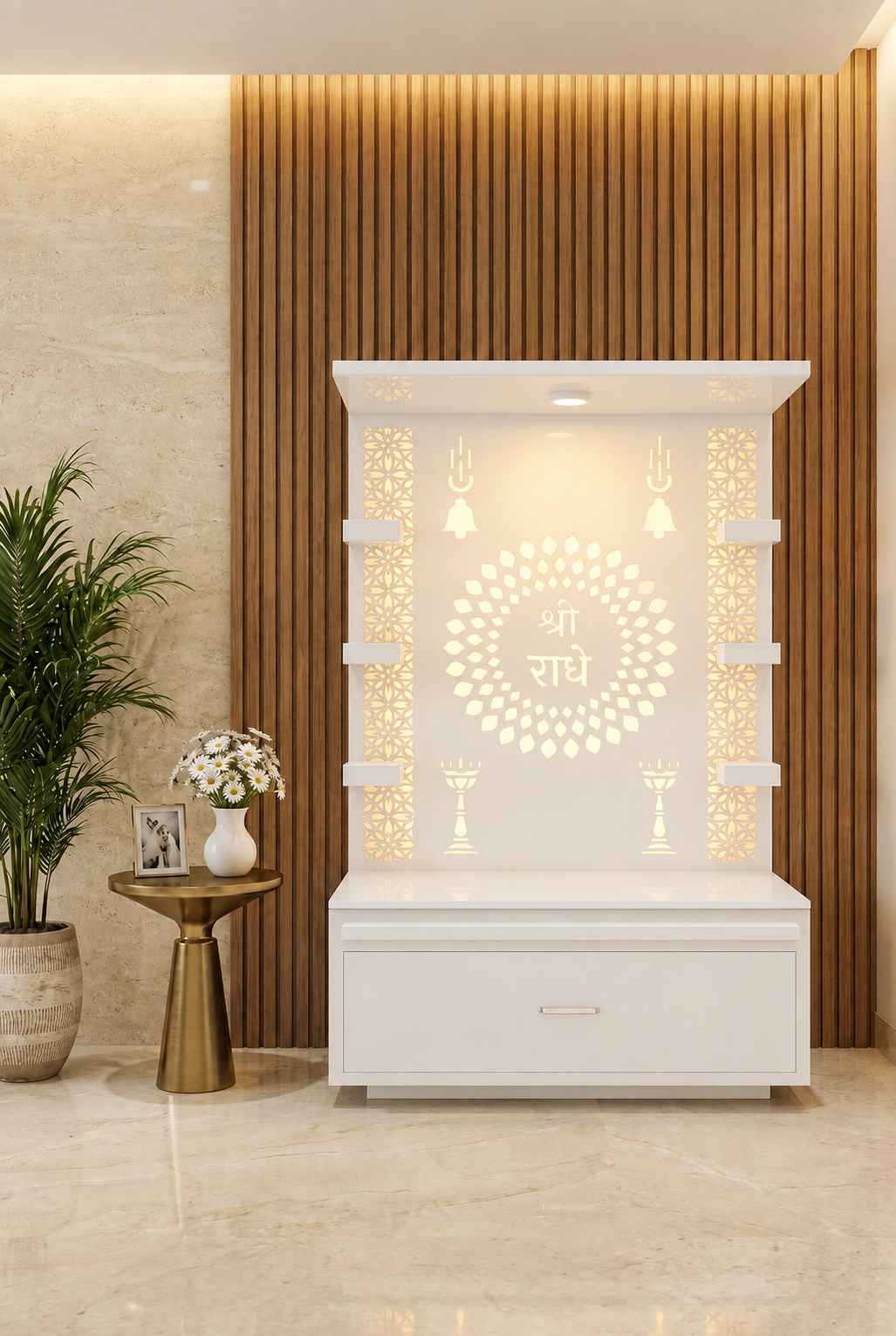 Glacier White Shri Radhe wall-mount Corian mandir, 2 ft wide × 3 ft high × 1.2 ft deep, with illuminated jali panel and storage drawer