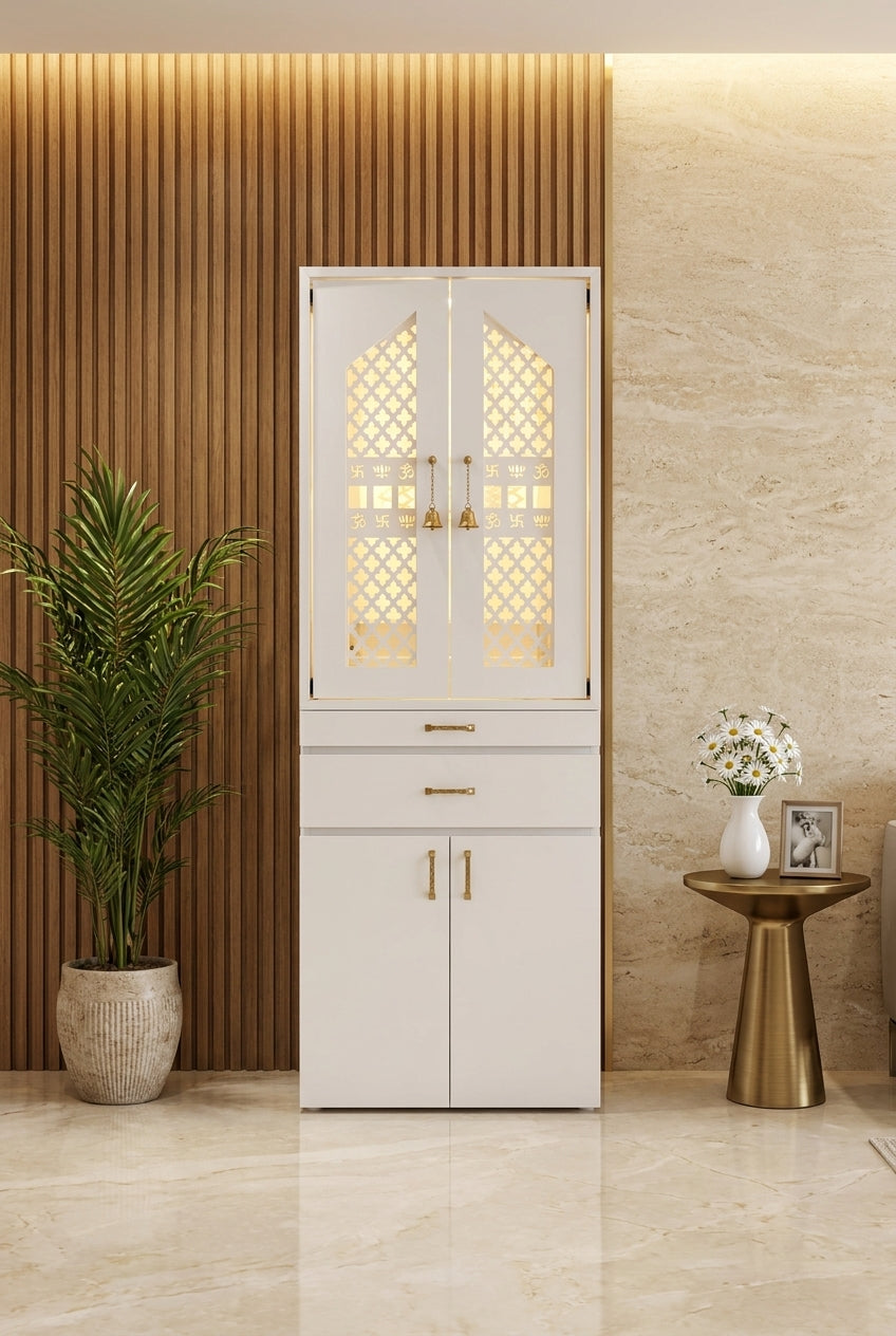 Glacier White traditional pocket-door Corian mandir with carved jali doors, drawers and cabinet storage