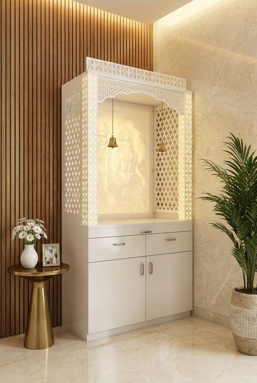 Glacier White Vishnu-Laxmi backlit Corian mandir with illuminated 3D deity panel and storage