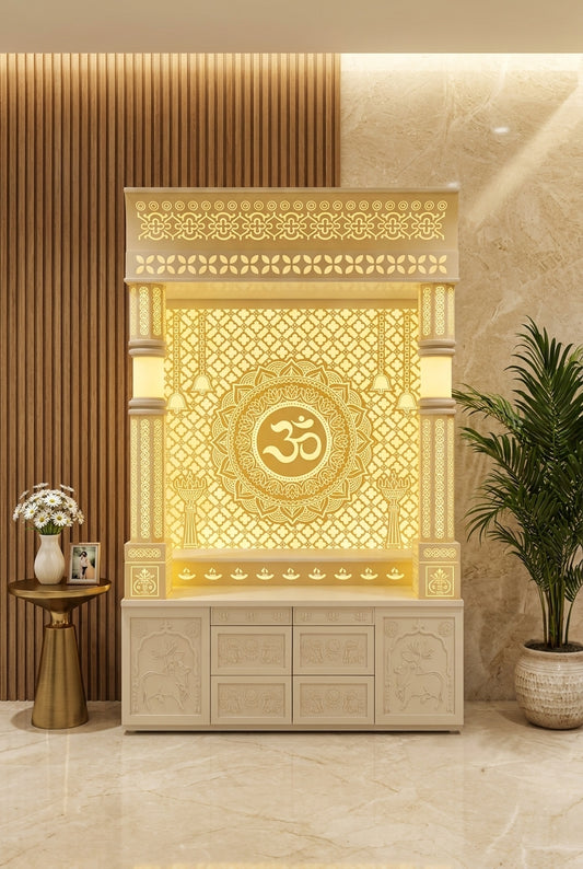 Large Corian Mandir Golden Glow Backlit Om with Storage — Luxury Home Interior — Satguru Creations