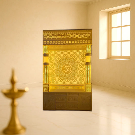 Buy Large Corian Mandir Golden Glow Backlit Om with Storage | Handcrafted Corian Temple Design | Satguru Creations