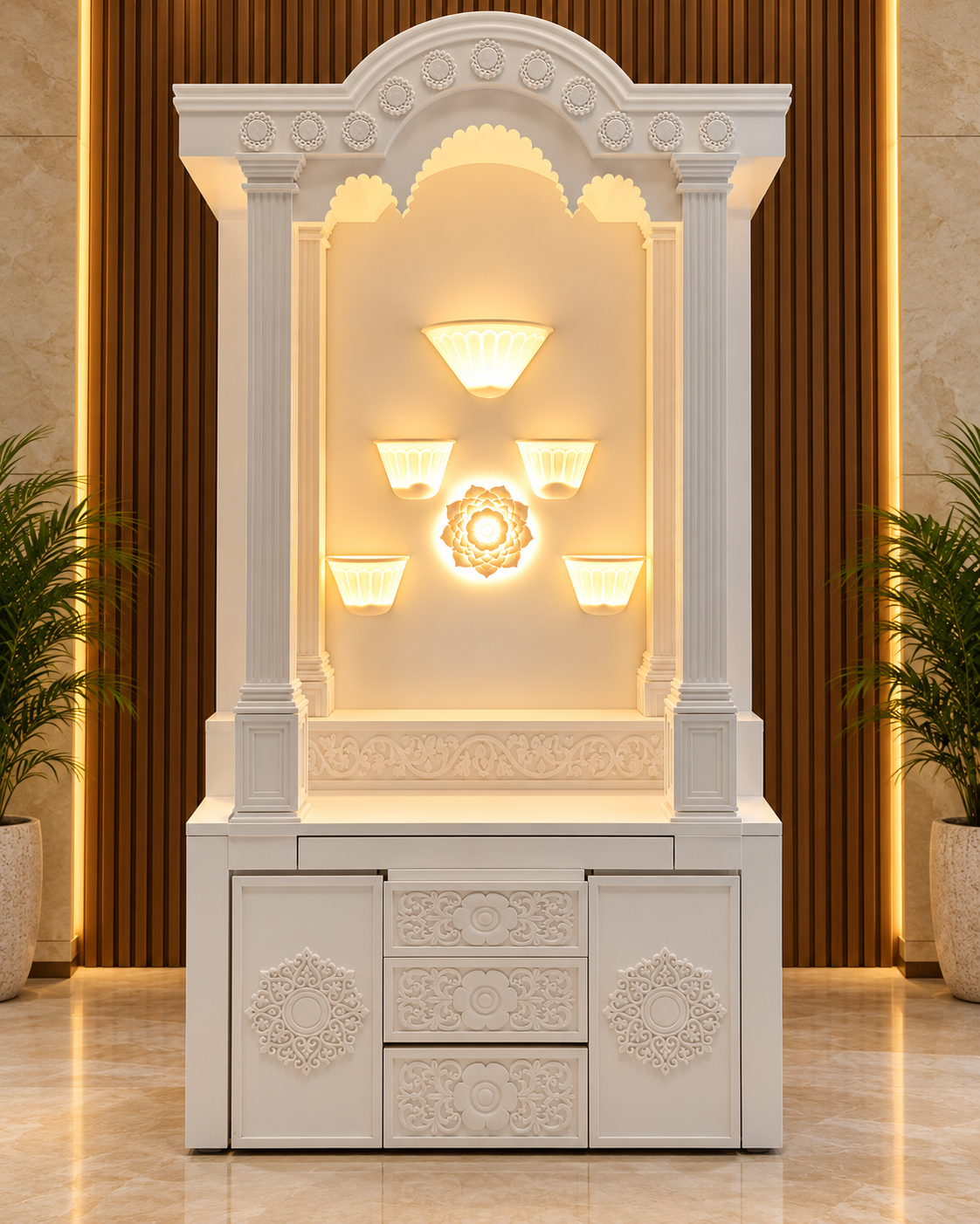 Front digital visualisation of a 5 x 9 ft Glacier White Imported Corian mandir with a symmetrical arched crown, five warm-lit diya niches and lower storage, styled from the owner-supplied photo.