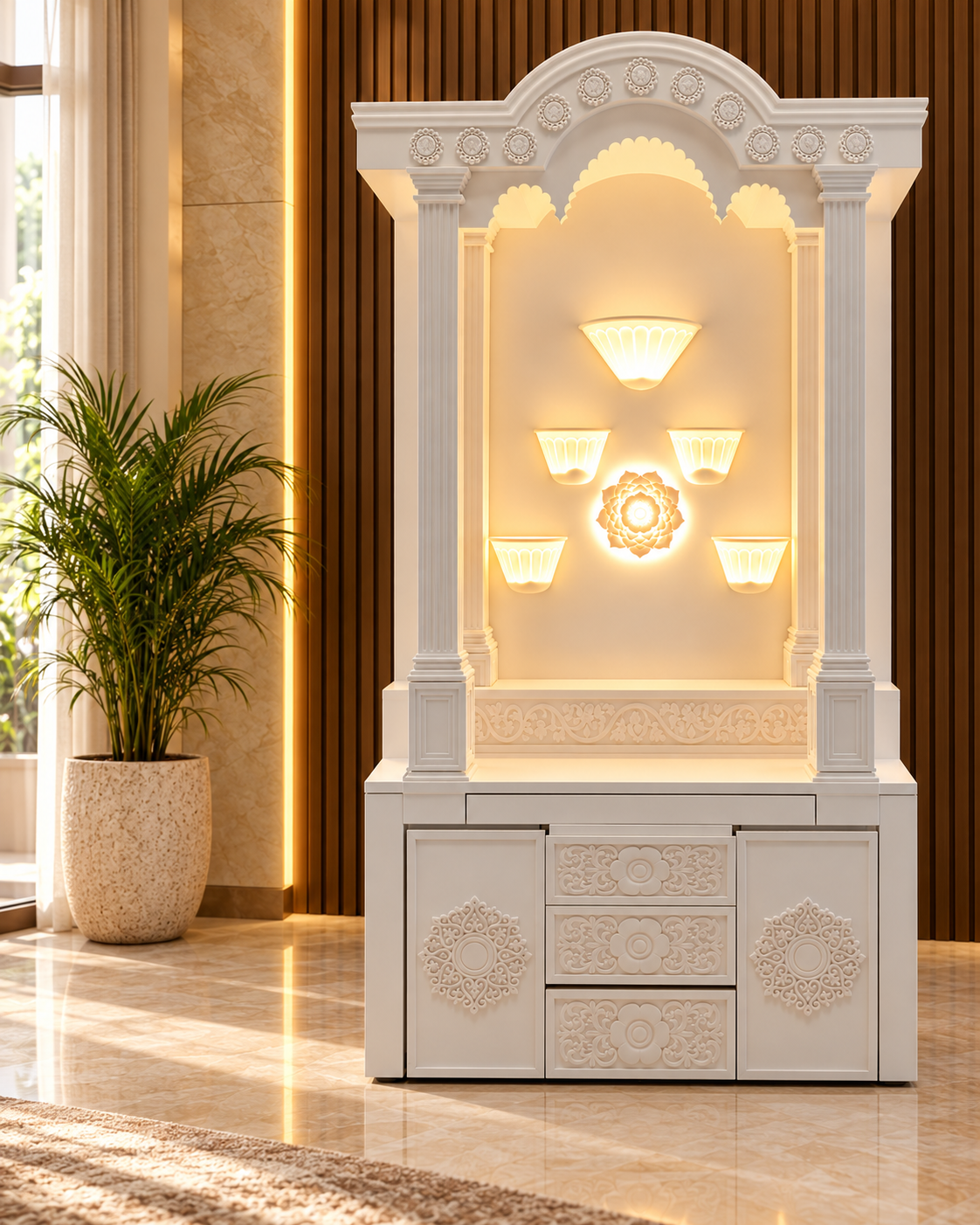Left-offset frontal digital visualisation derived from the owner photo, showing the 5 x 9 ft Glacier White Imported Corian mandir; no side geometry is depicted.