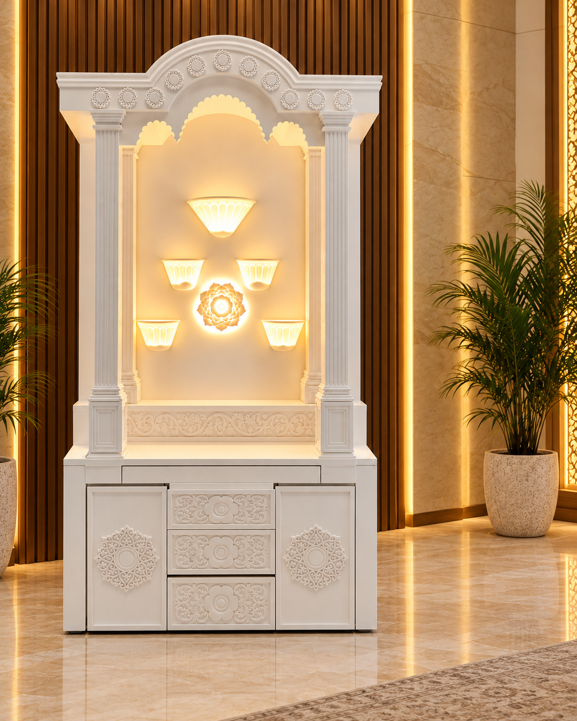 Right-offset frontal digital visualisation derived from the owner photo, showing the 5 x 9 ft Glacier White Imported Corian mandir; no side geometry is depicted.