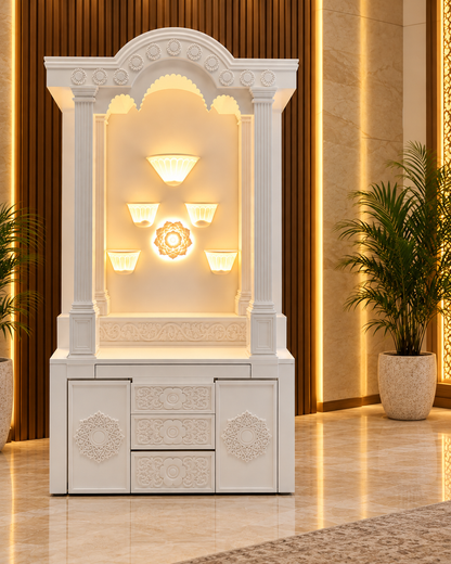Right-offset frontal digital visualisation derived from the owner photo, showing the 5 x 9 ft Glacier White Imported Corian mandir; no side geometry is depicted.