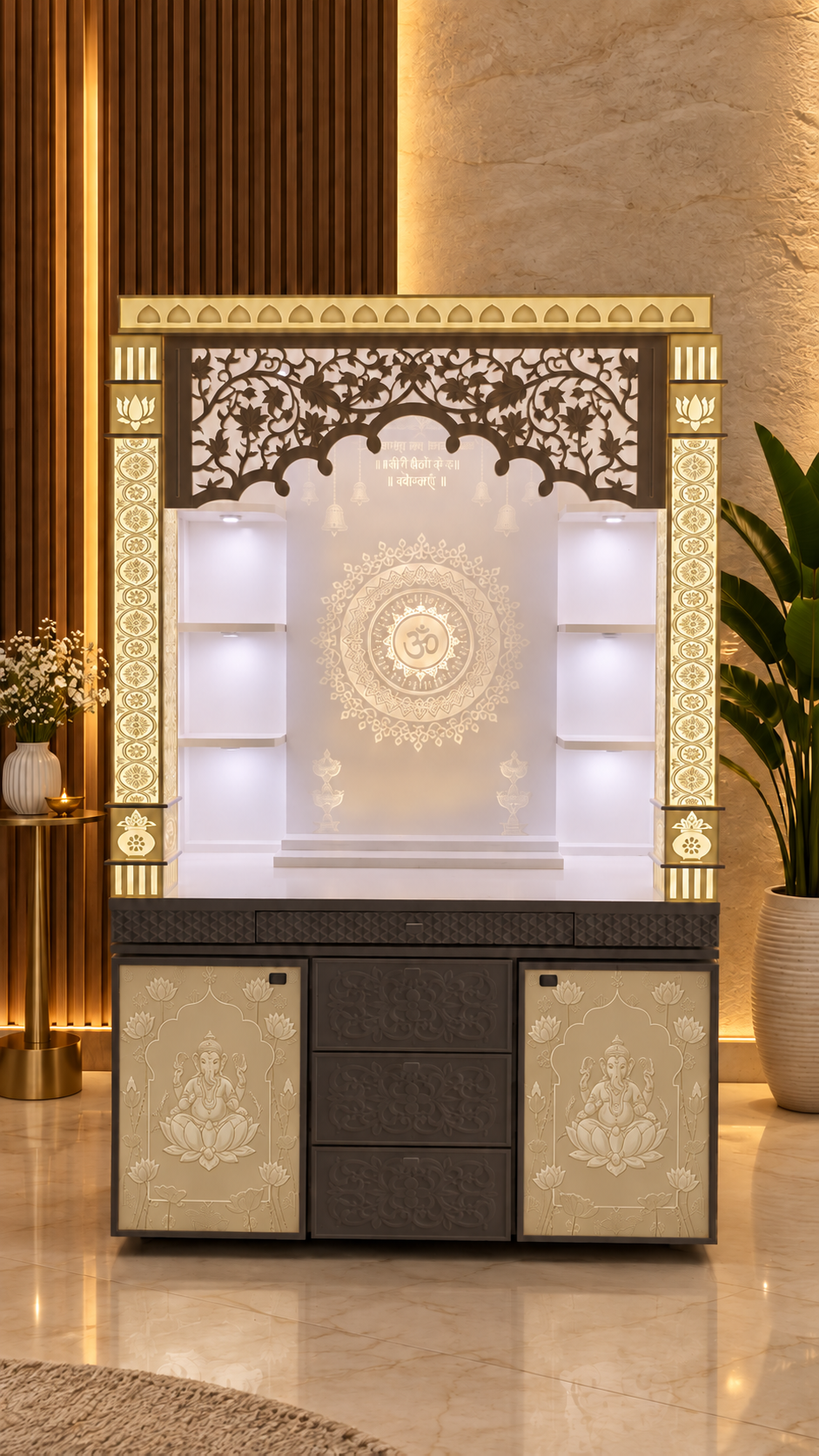 Illuminated Korean marble mandir with floral jali arch open shelves and carved storage