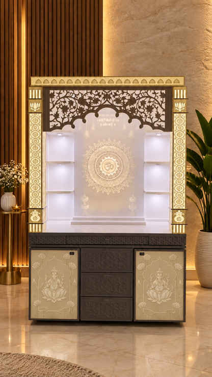 Illuminated Korean marble mandir with floral jali arch open shelves and carved storage