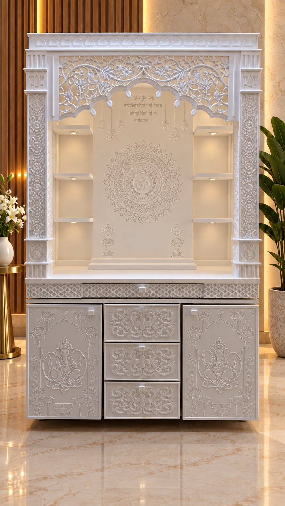 Front view of 4 ft x 7 ft Korean marble mandir with illuminated Om mandala and Ganesha storage