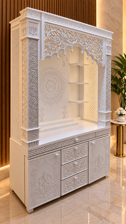 White Korean marble mandir with floral canopy Om mandala drawers and Ganesha cabinet doors