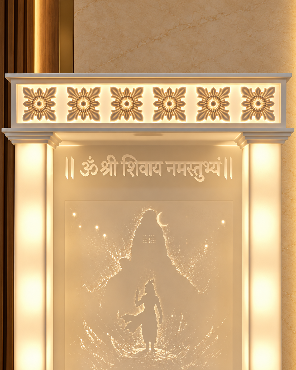 Detail digital design visualisation of the Harihar mandir's six-rosette canopy, physical inscription, illuminated pillars and devotional back panel.