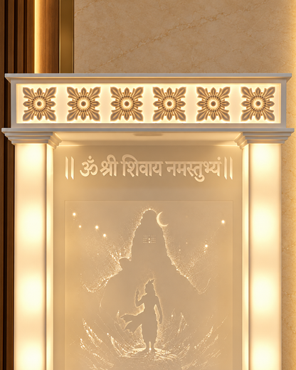 Detail digital design visualisation of the Harihar mandir's six-rosette canopy, physical inscription, illuminated pillars and devotional back panel.