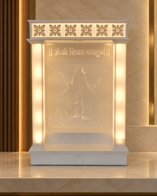 Front digital design visualisation of the Harihar Corian mandir with illuminated pillars and a six-rosette floral canopy in a warm styled office setting.