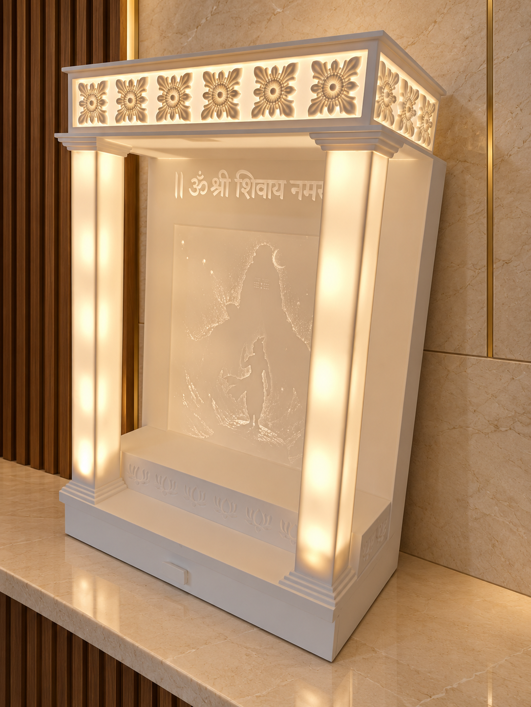 Right angled digital design visualisation of the Harihar Corian mandir showing the floral canopy, illuminated pillars and visible side profile.