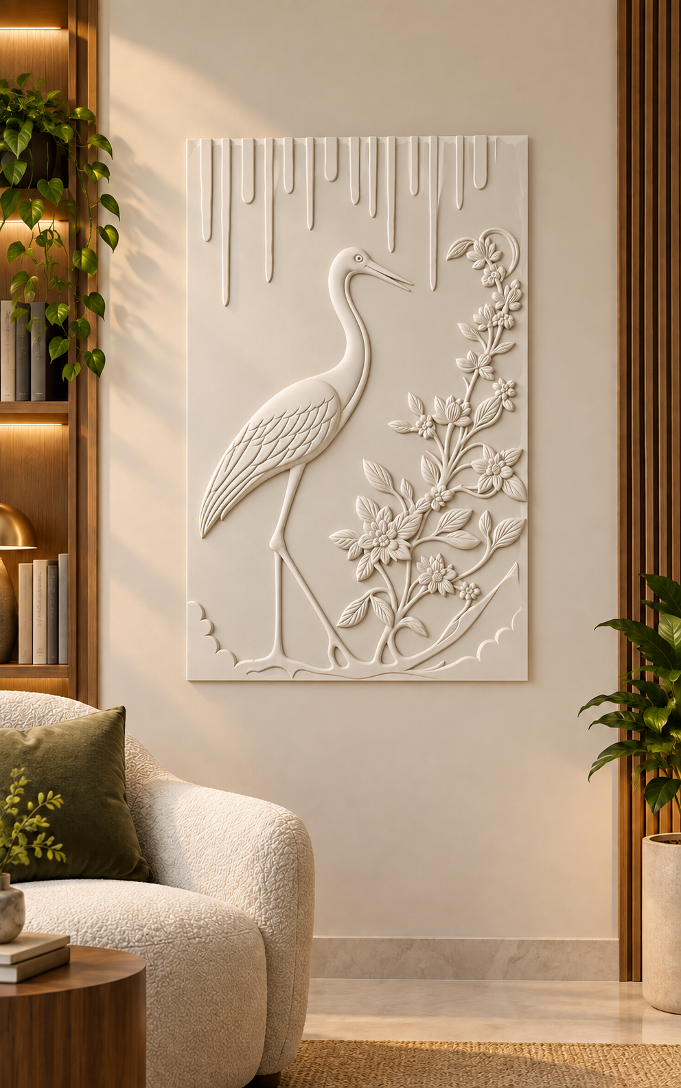 Heron Blossom Fringe Corian wall panel, front view in a Mumbai living room reading corner; AI-assisted concept visualisation