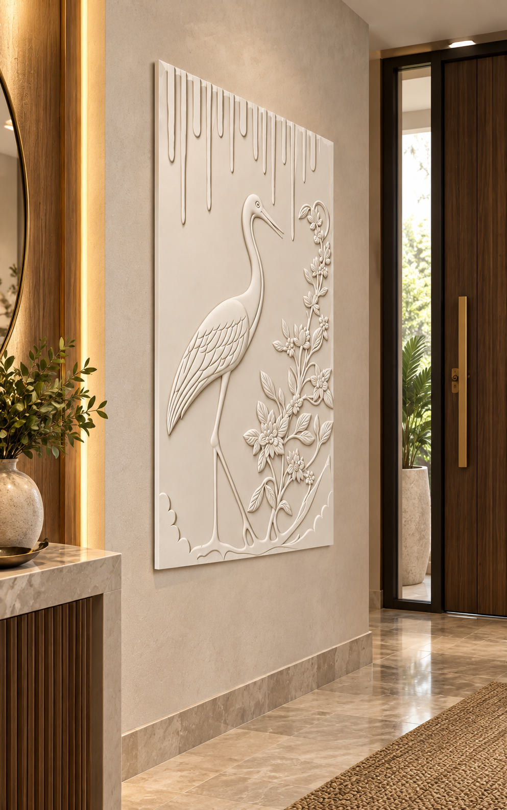Heron Blossom Fringe Corian wall panel, left view in a Mumbai entrance foyer; AI-assisted concept visualisation
