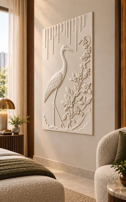 Heron Blossom Fringe Corian wall panel, right view in a Mumbai bedroom lounge; AI-assisted concept visualisation