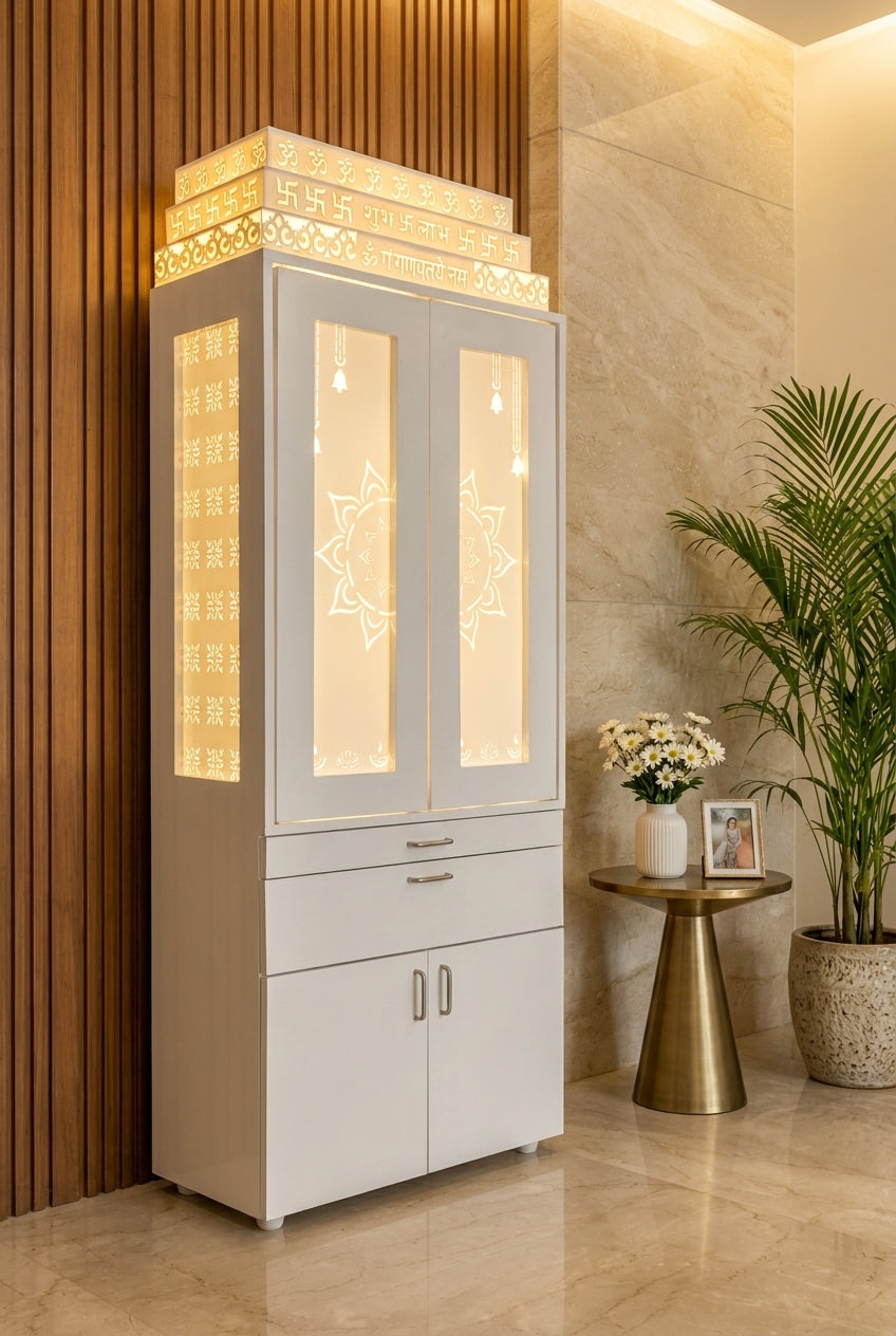 Home Temple with Doors — 7 ft Corian Floor Standing — Luxury Home Interior — Satguru Creations