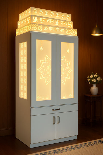 Home Temple with Doors — 7 ft Corian Floor Standing — Luxury Indian Home Interior — Satguru Creations