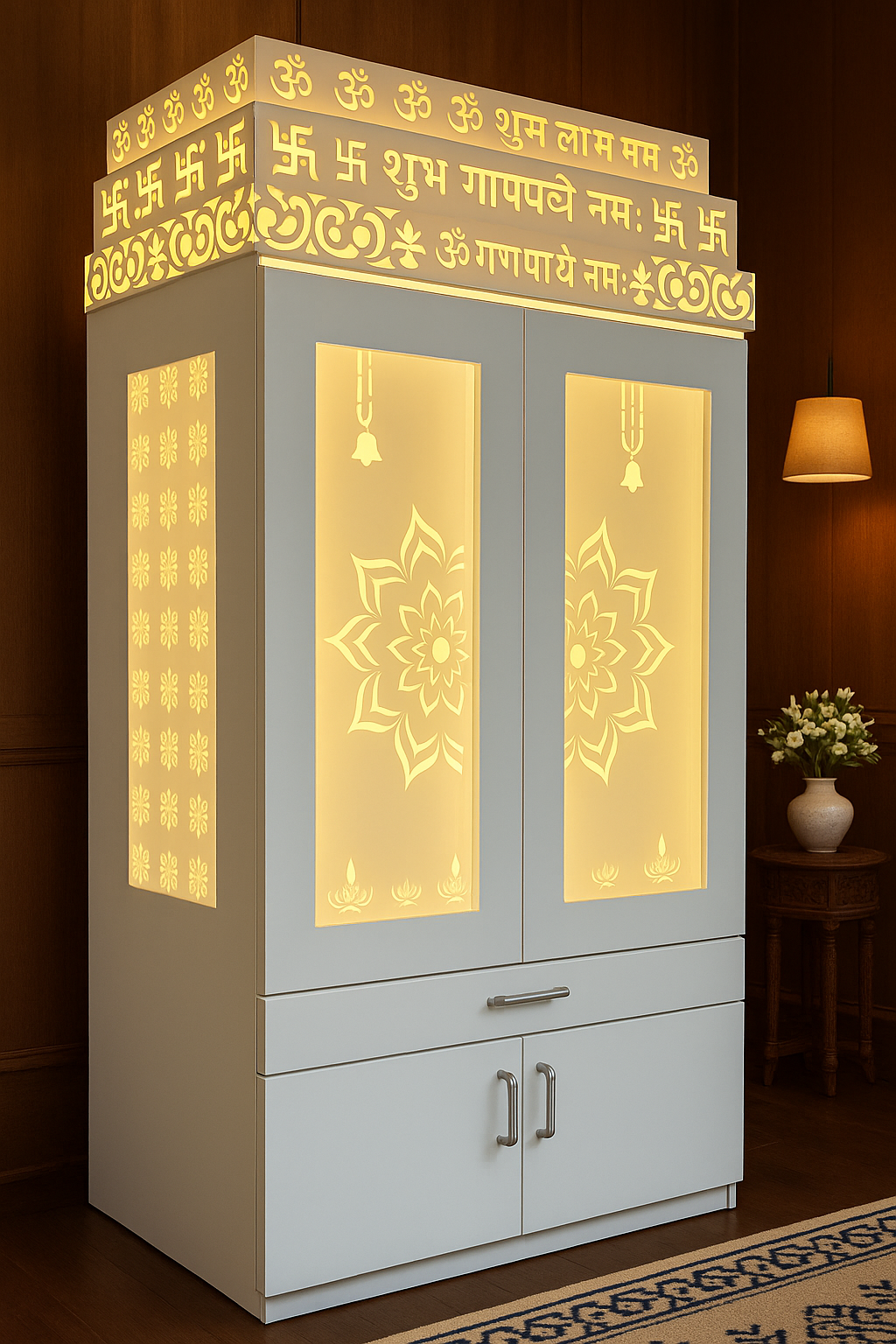 Home Temple with Doors — 7 ft Corian Floor Standing — Luxury Indian Home Interior — Satguru Creations