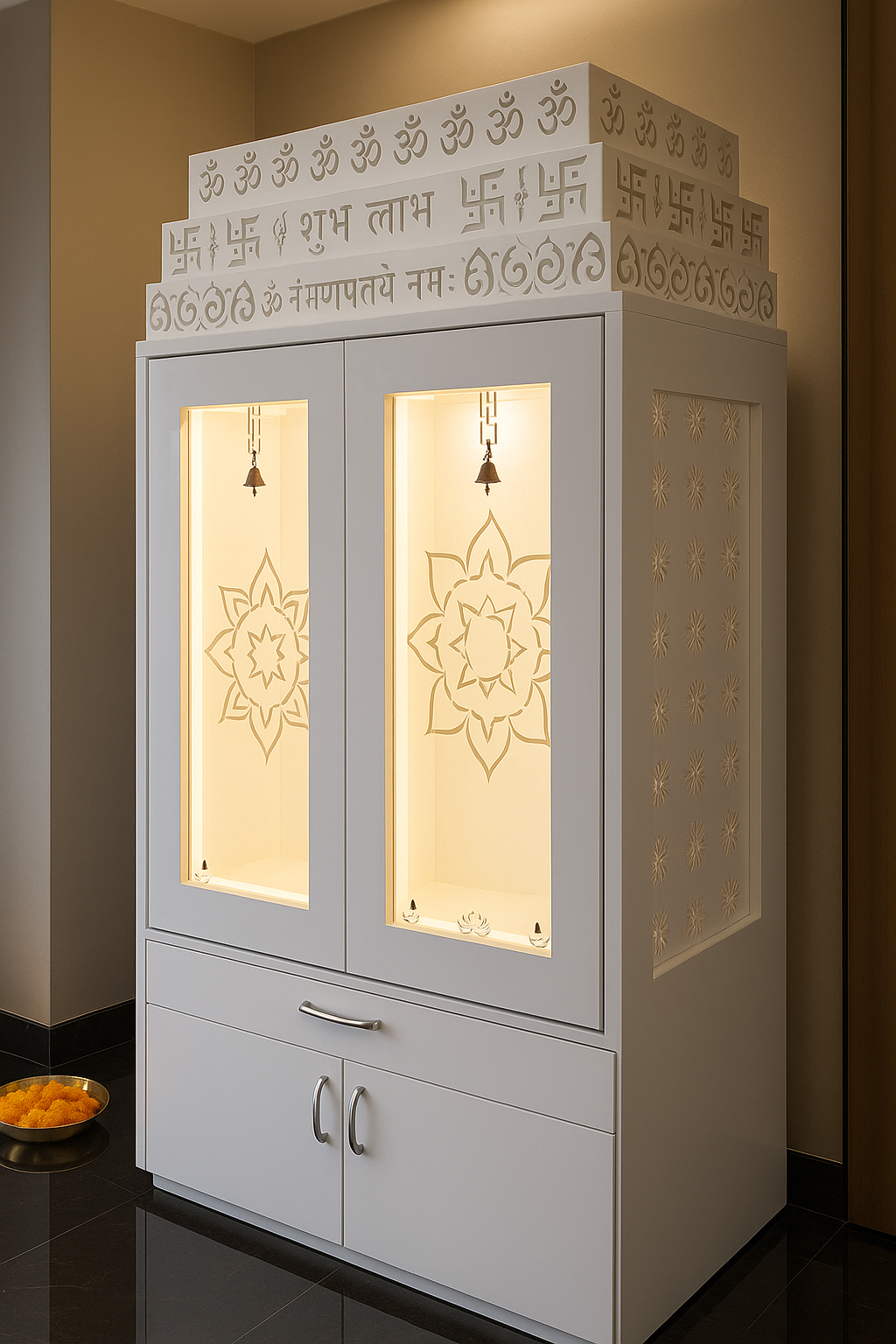 Home Temple with Doors — 7 ft Corian Floor Standing — Luxury Indian Home Interior — Satguru Creations