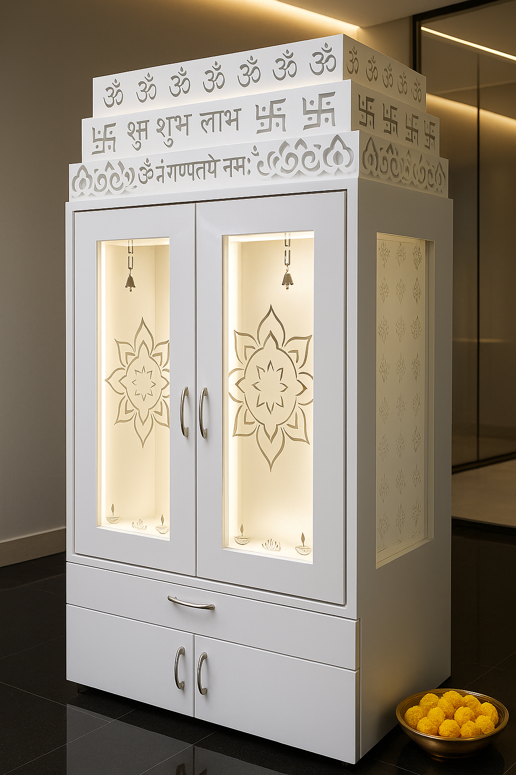 Home Temple with Doors — 7 ft Corian Floor Standing — Luxury Indian Home Interior — Satguru Creations