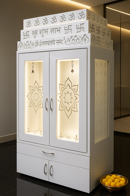 Home Temple with Doors — 7 ft Corian Floor Standing — Luxury Indian Home Interior — Satguru Creations
