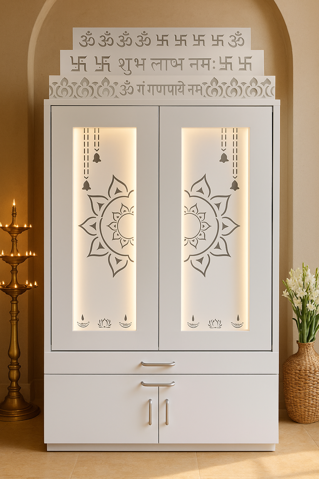Home Temple with Doors — 7 ft Corian Floor Standing — Luxury Indian Home Interior — Satguru Creations