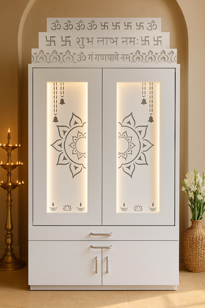 Home Temple with Doors — 7 ft Corian Floor Standing — Luxury Indian Home Interior — Satguru Creations