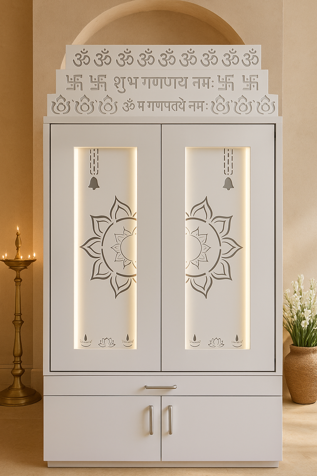 Home Temple with Doors — 7 ft Corian Floor Standing — Luxury Indian Home Interior — Satguru Creations