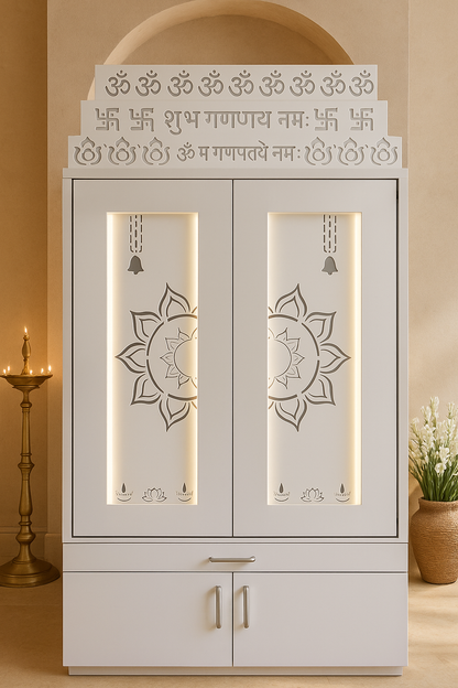Home Temple with Doors — 7 ft Corian Floor Standing — Luxury Indian Home Interior — Satguru Creations
