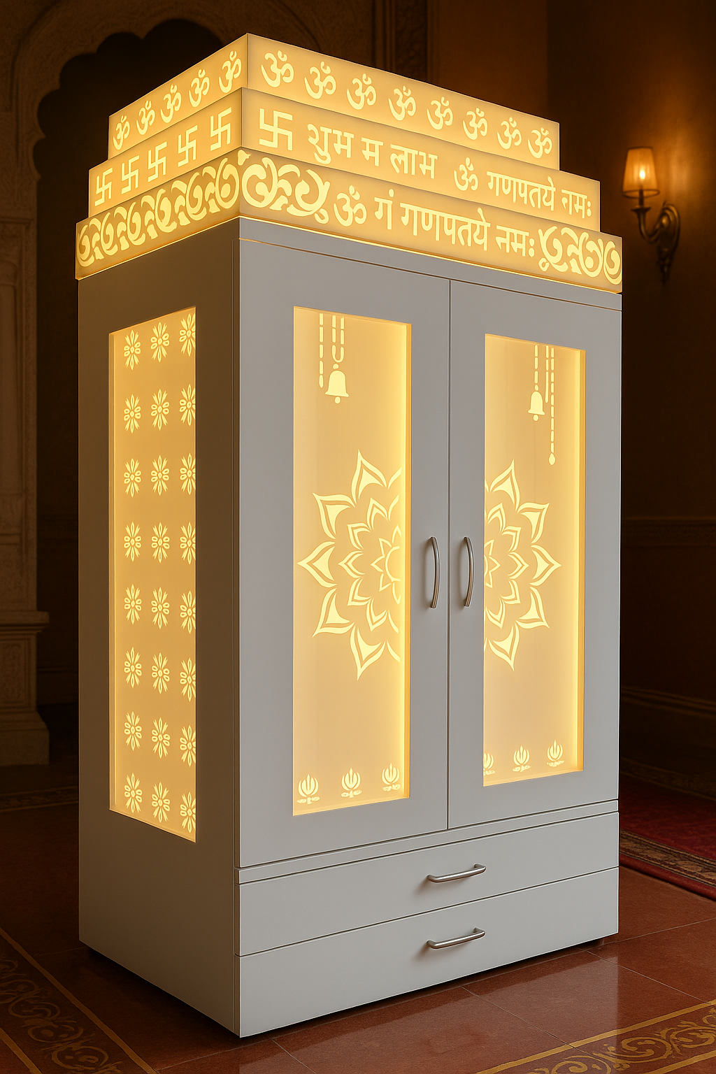 Home Temple with Doors — 7 ft Corian Floor Standing — Luxury Indian Home Interior — Satguru Creations