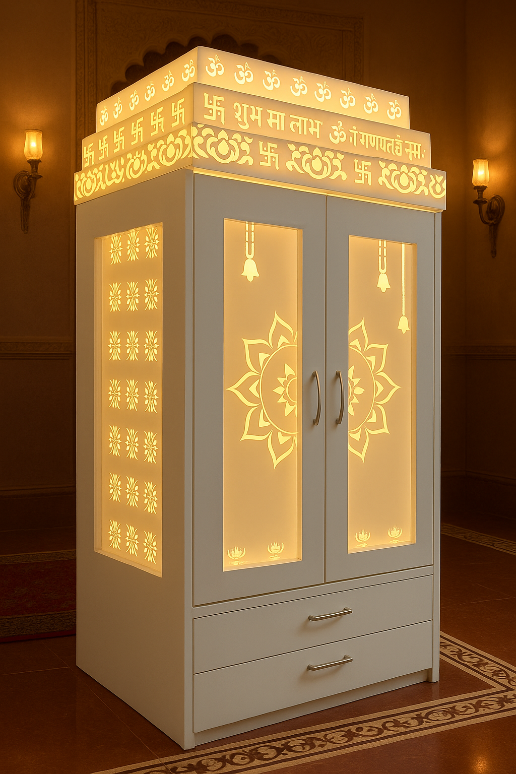 Home Temple with Doors — 7 ft Corian Floor Standing — Luxury Indian Home Interior — Satguru Creations
