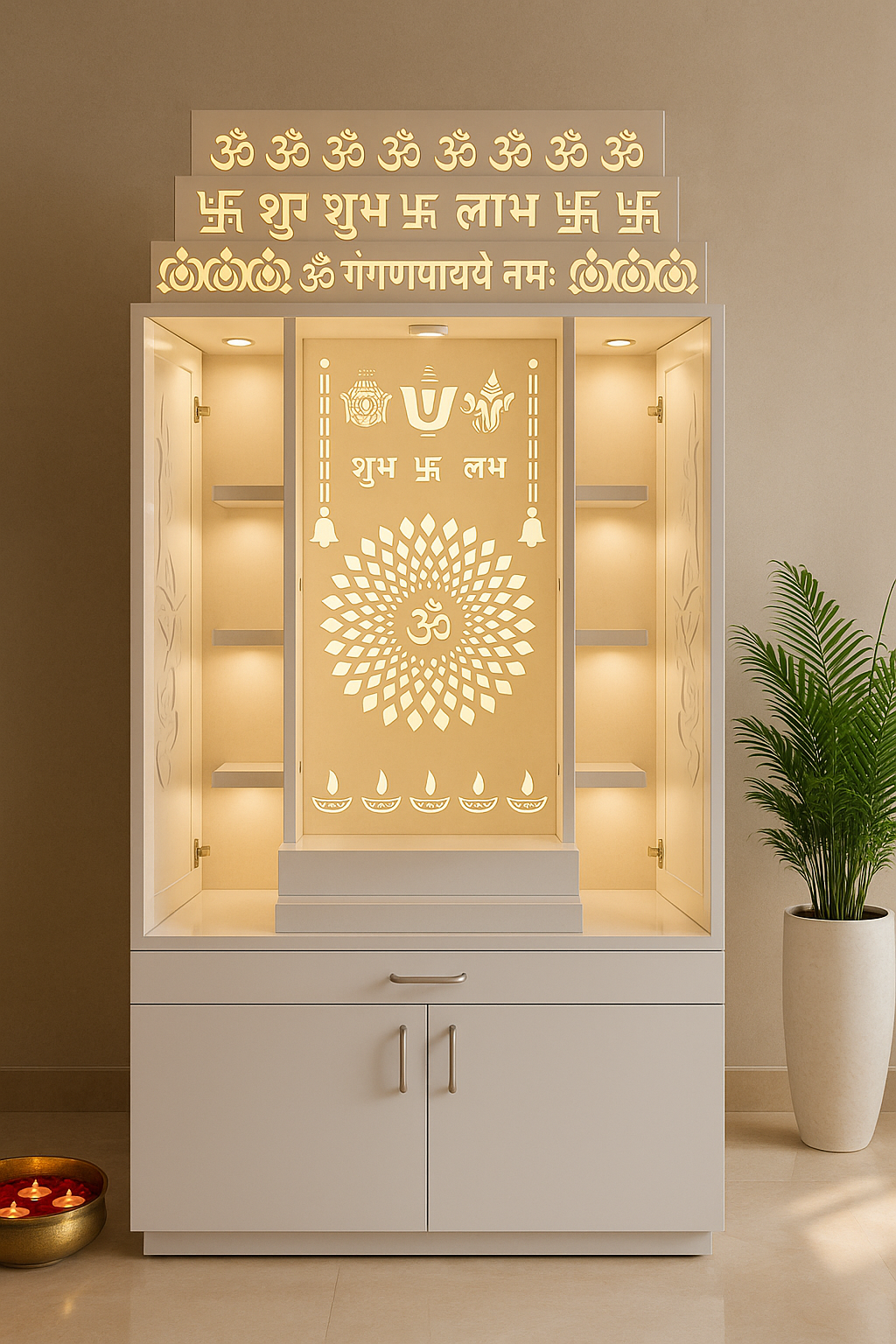 Home Temple with Doors — 7 ft Corian Floor Standing — Luxury Indian Home Interior — Satguru Creations