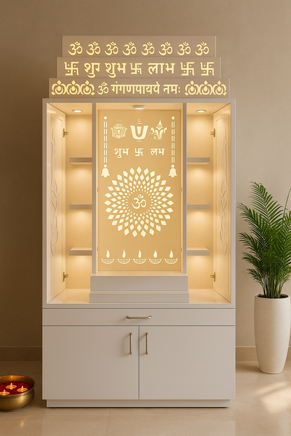 Home Temple with Doors — 7 ft Corian Floor Standing — Luxury Indian Home Interior — Satguru Creations