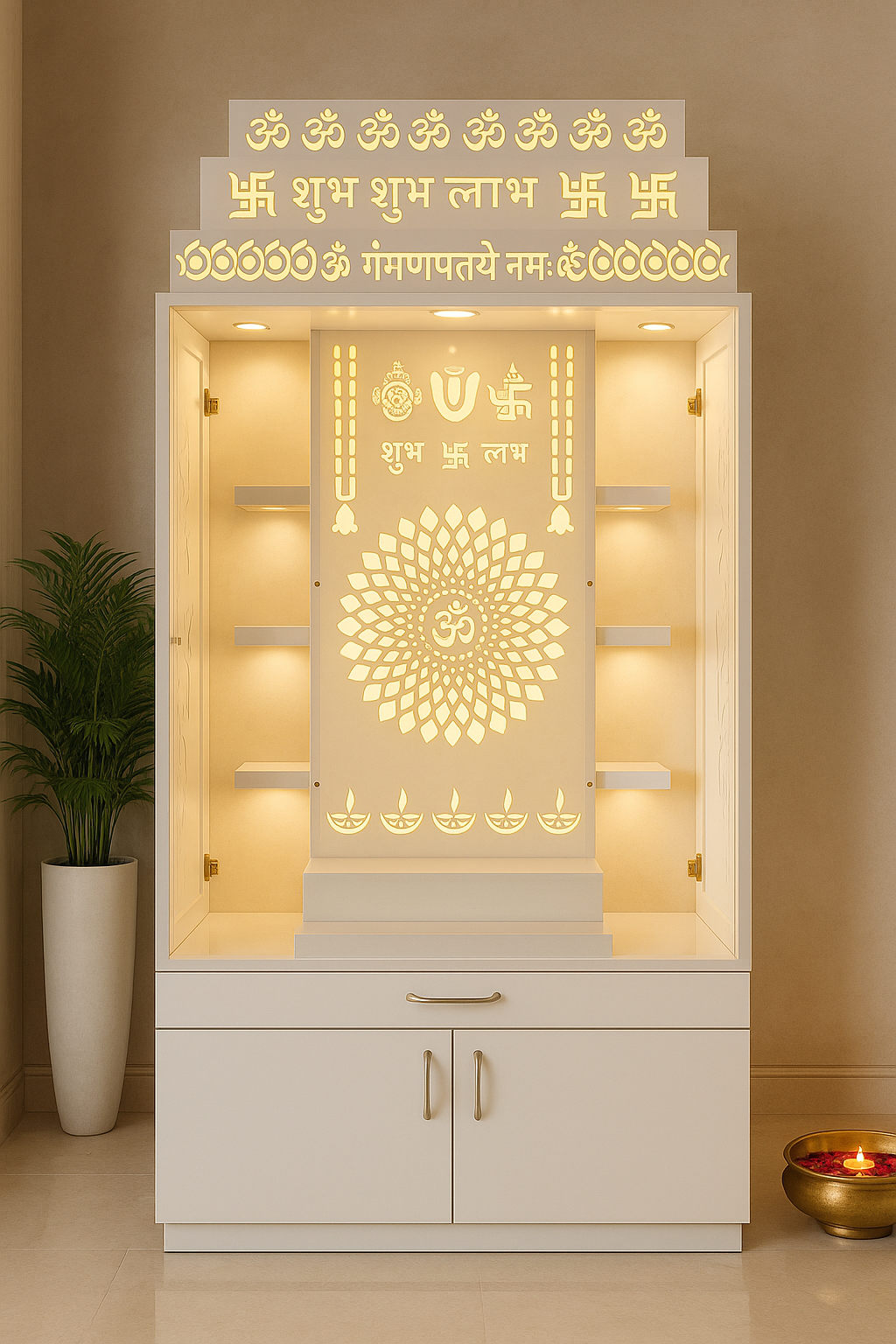 Home Temple with Doors — 7 ft Corian Floor Standing — Luxury Indian Home Interior — Satguru Creations