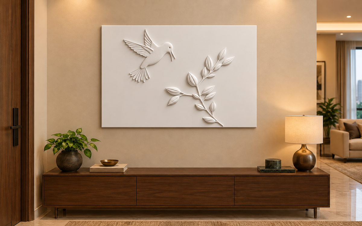 CWP-657 Hummingbird Leaf Flight Corian Wall Panel, 4 ft wide x 2.5 ft high, front view in a Mumbai entryway; AI-assisted concept visualisation