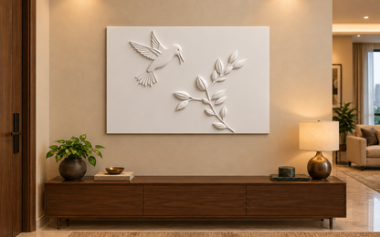 CWP-657 Hummingbird Leaf Flight Corian Wall Panel, 4 ft wide x 2.5 ft high, front view in a Mumbai entryway; AI-assisted concept visualisation