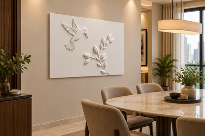 CWP-657 Hummingbird Leaf Flight Corian Wall Panel, 4 ft wide x 2.5 ft high, left view in a Mumbai dining area; AI-assisted concept visualisation