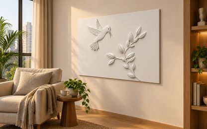 CWP-657 Hummingbird Leaf Flight Corian Wall Panel, 4 ft wide x 2.5 ft high, right view in a Mumbai reading corner; AI-assisted concept visualisation
