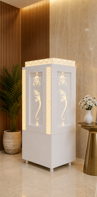 White Corian mandir side view with illuminated devotional panels and plain lower cabinet